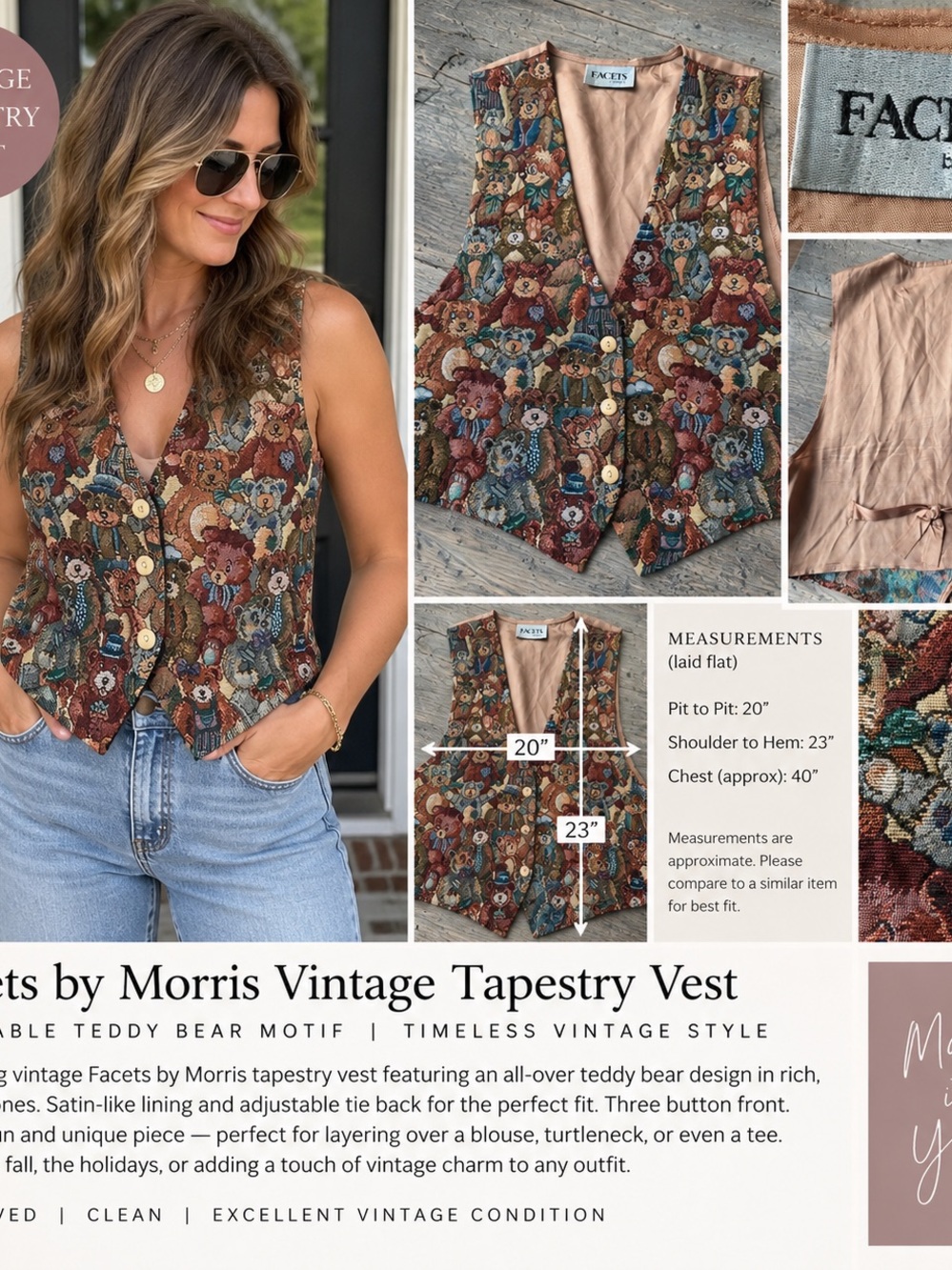 Women's Teddy Bear Tapestry Vest - Brown Multicolor